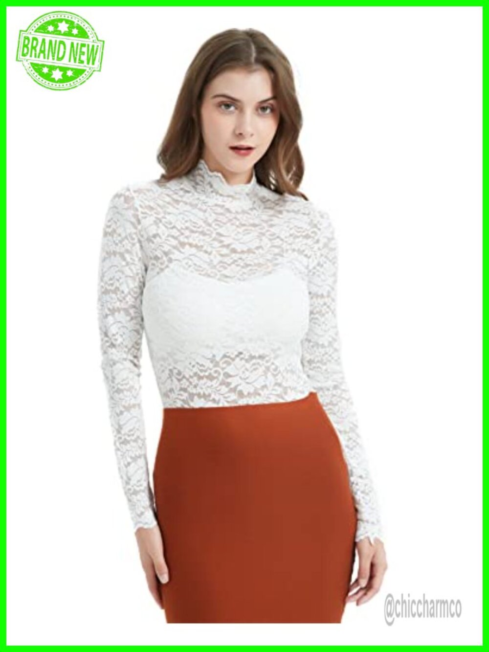 Floral Lace Mock Neck Long Sleeve Tunic Blouse Slim Fit Top